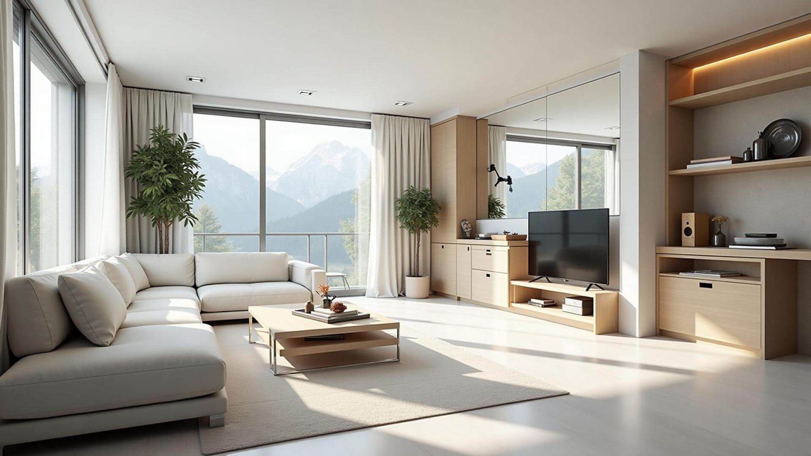 Aufgeräumter Wohn- und Essbereich einer Ferienwohnung