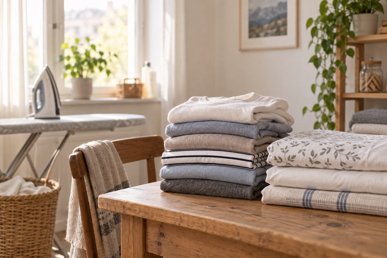 Gefaltete Kleidung, Bettwäsche, Tischdecke und Bügelbrett in einem Wohnraum
