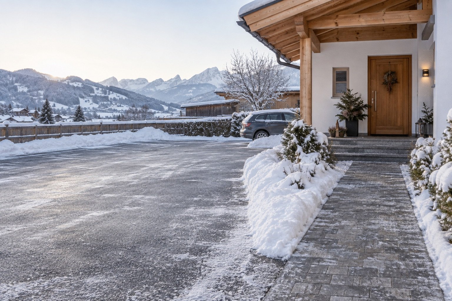 Geräumter und gestreuter Hauseingang mit Einfahrt und Parkplatz im Tiroler Winter